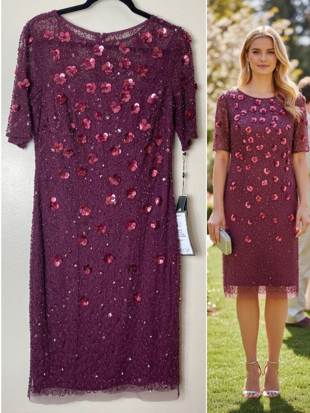 Adrianna Papell Purple Dress 3D Floral Sequin Beaded Wedding Guest Cocktail